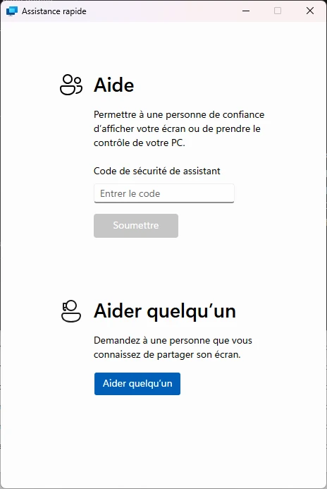 Fen&ecirc;tre Assistance rapide Windows avec la zone de code de s&eacute;curit&eacute;