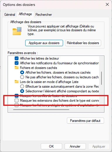 Activer les extensions de noms de fichiers