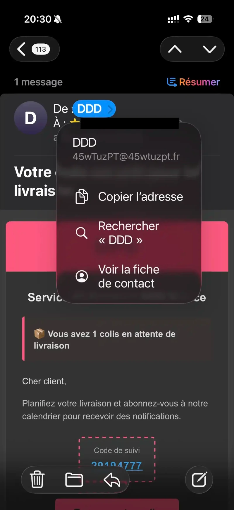 Adresse r&eacute;elle du premier e-mail suspect