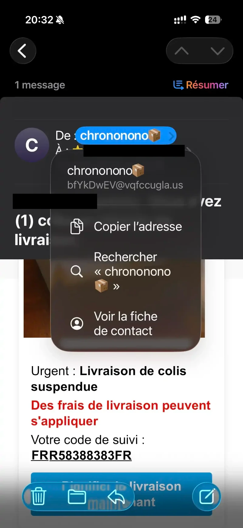 Adresse r&eacute;elle du second e-mail suspect