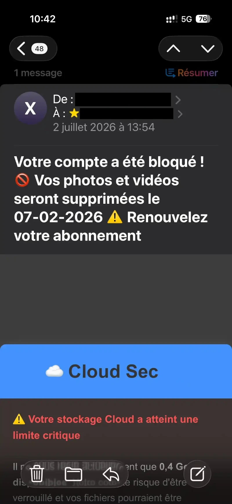 Exemple d'e-mail alarmant demandant une action urgente