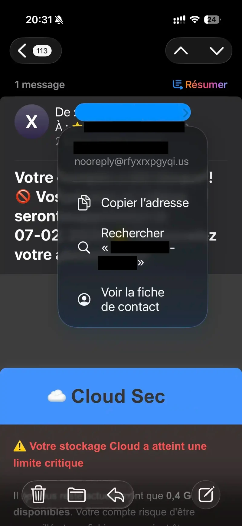 Exemple de message suspect utilisant l'urgence