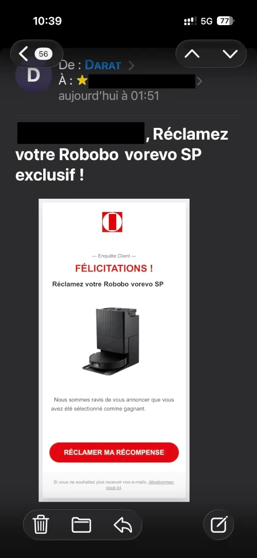 Exemple d'offre trop avantageuse dans un e-mail
