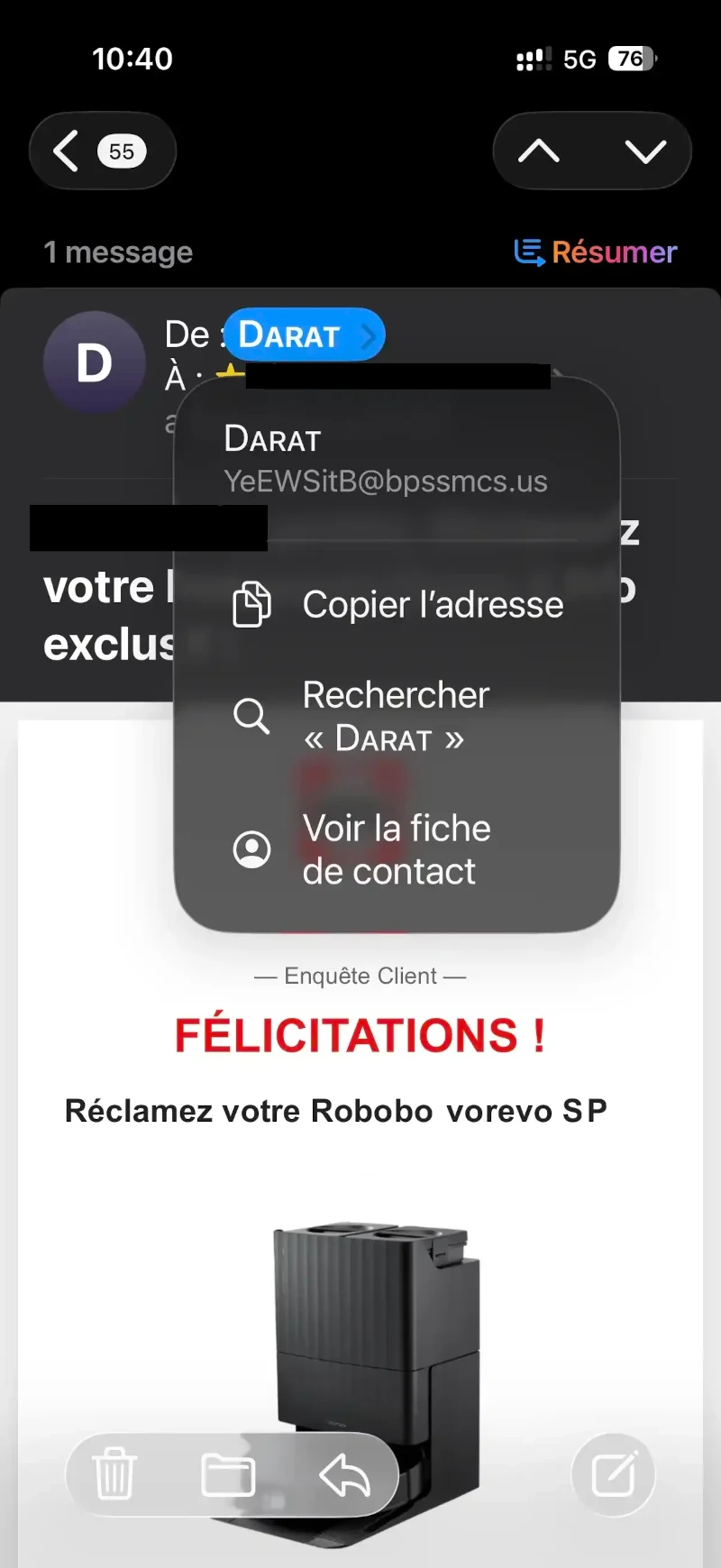 Exemple de cadeau ou de gain frauduleux par e-mail