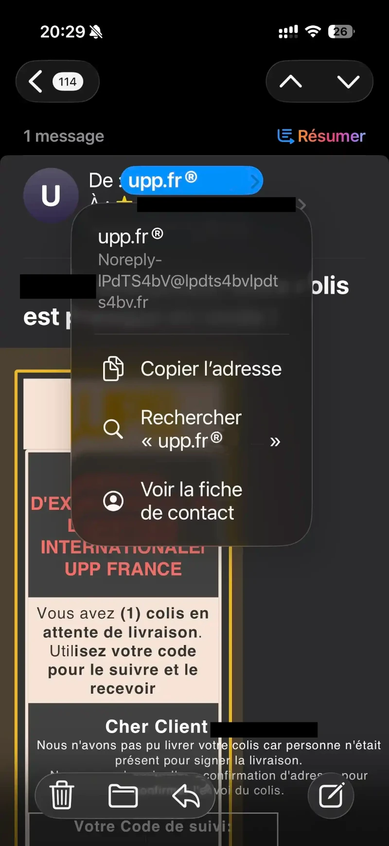 Exemple de message frauduleux &agrave; v&eacute;rifier