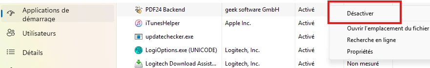 Application de demarrage desactivee dans Windows