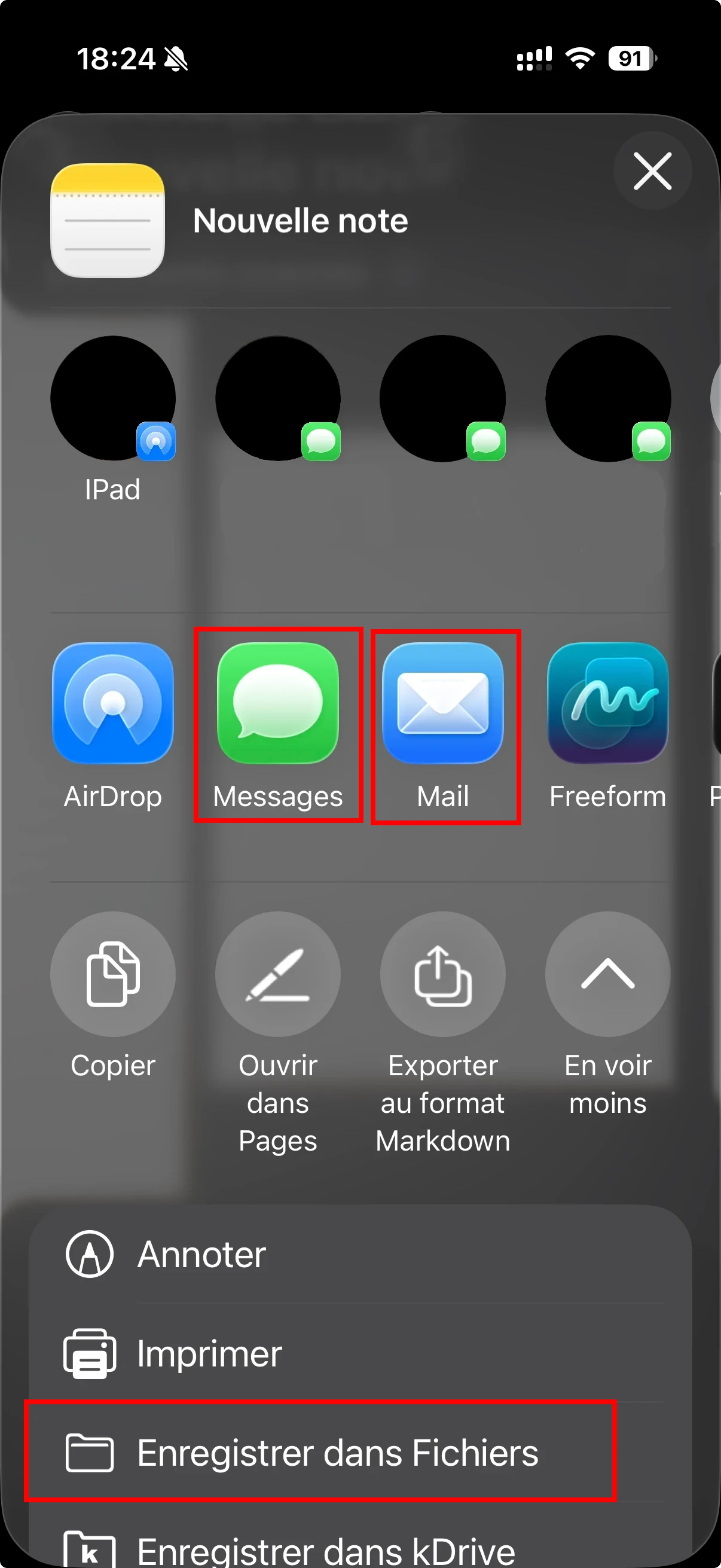 Partager le document scanne par mail ou message