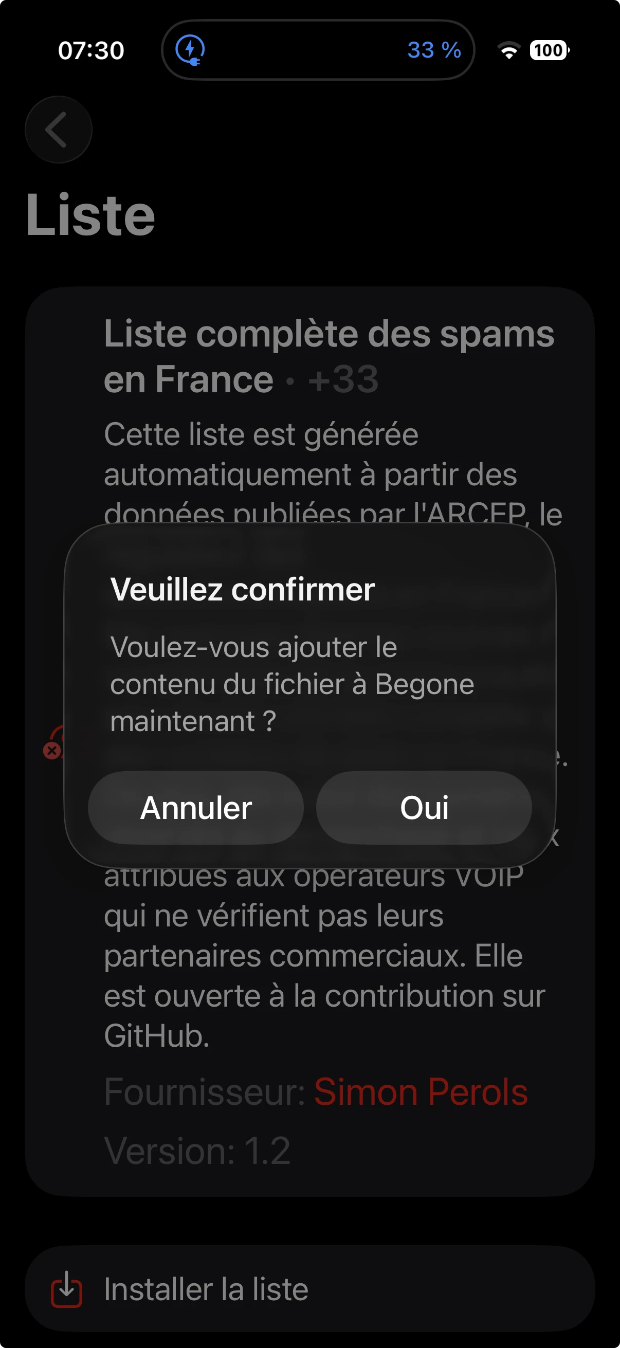 Confirmer l'installation de la liste Begone