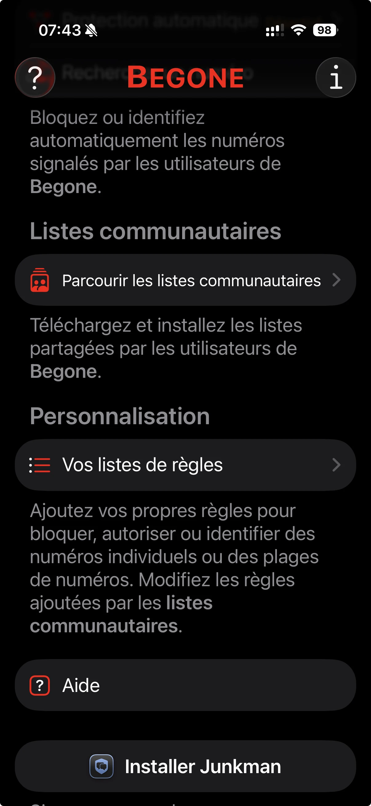 Vos listes de regles dans Begone