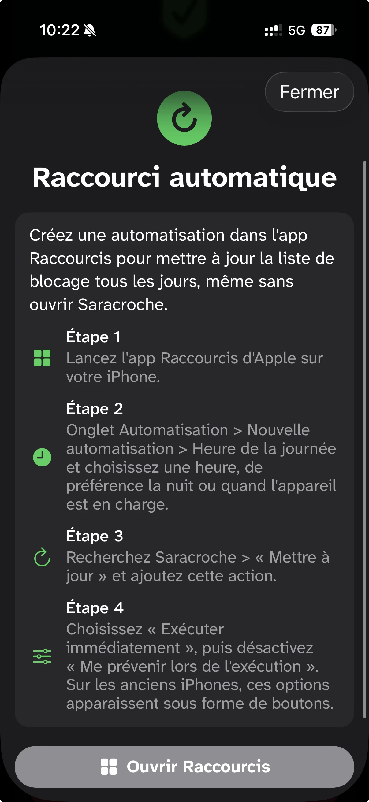 Raccourci automatique pour la mise a jour Saracroche