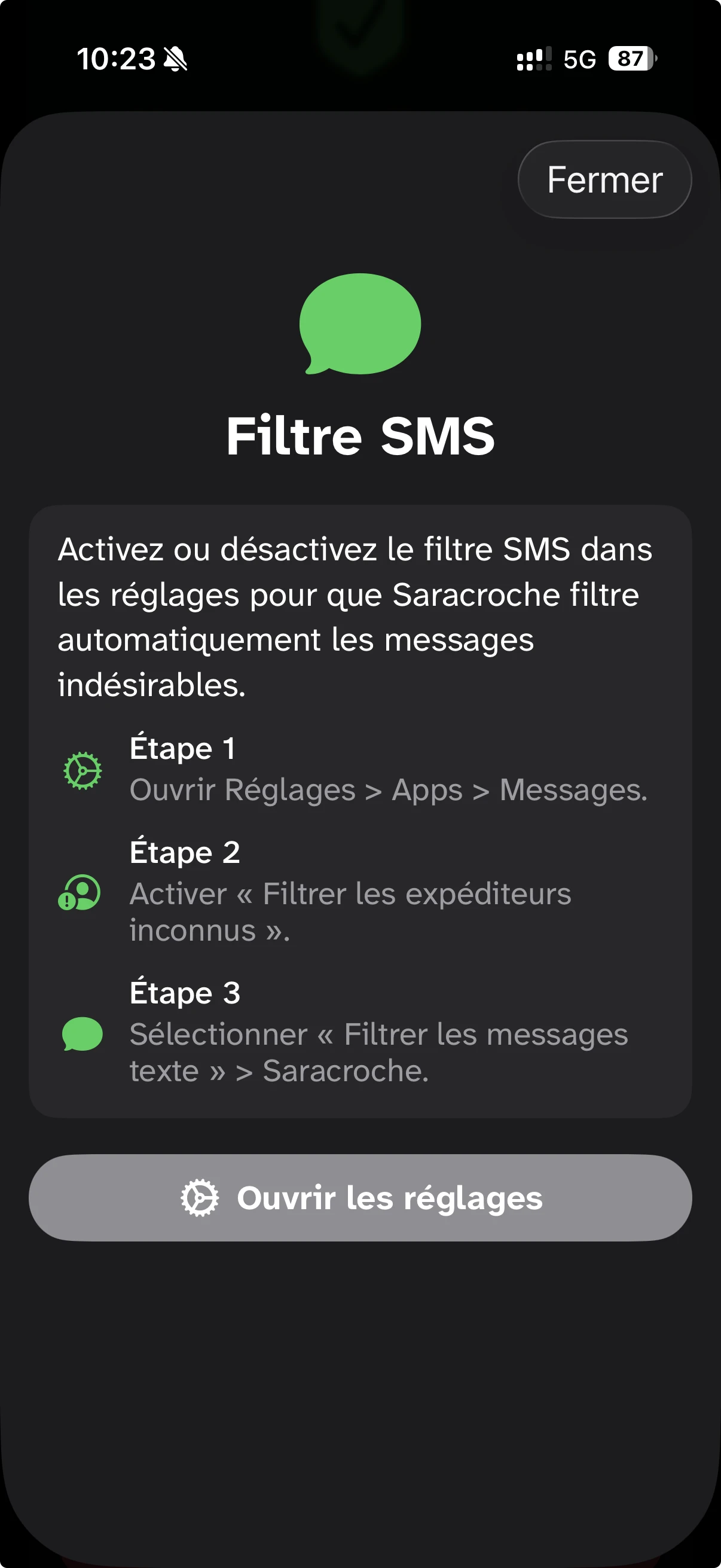Filtrage des SMS avec Saracroche