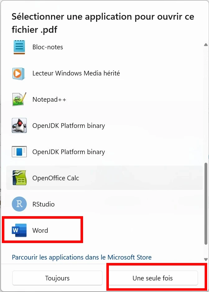 Selectionner Word pour ouvrir une seule fois le fichier PDF