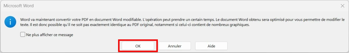 Avertissement de conversion du PDF dans Word