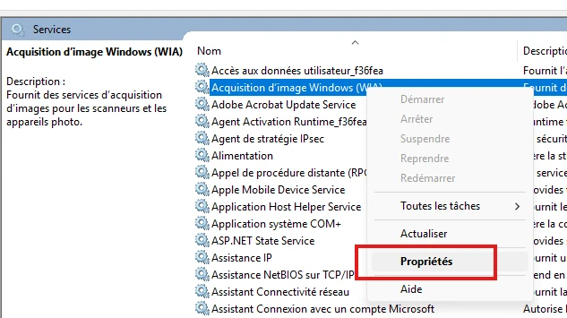Ouvrir les proprietes d'un service Windows