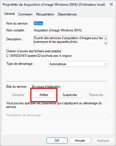 Arreter un service Windows
