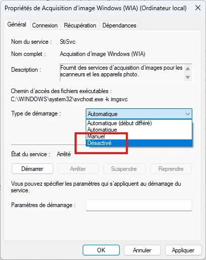Modifier le type de demarrage d'un service